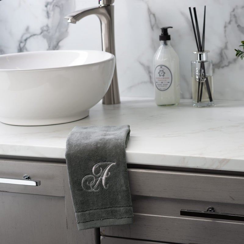 Creative Scents Personalized Initial Fingertip Towels - 2 Pack 11 x 18 Inches - Silver Embroidery On Gray Towel  Modern Monogrammed Towels  Great Initial Gift for Women  Teachers  Friends  Bridesmaids Initial M - Image 2